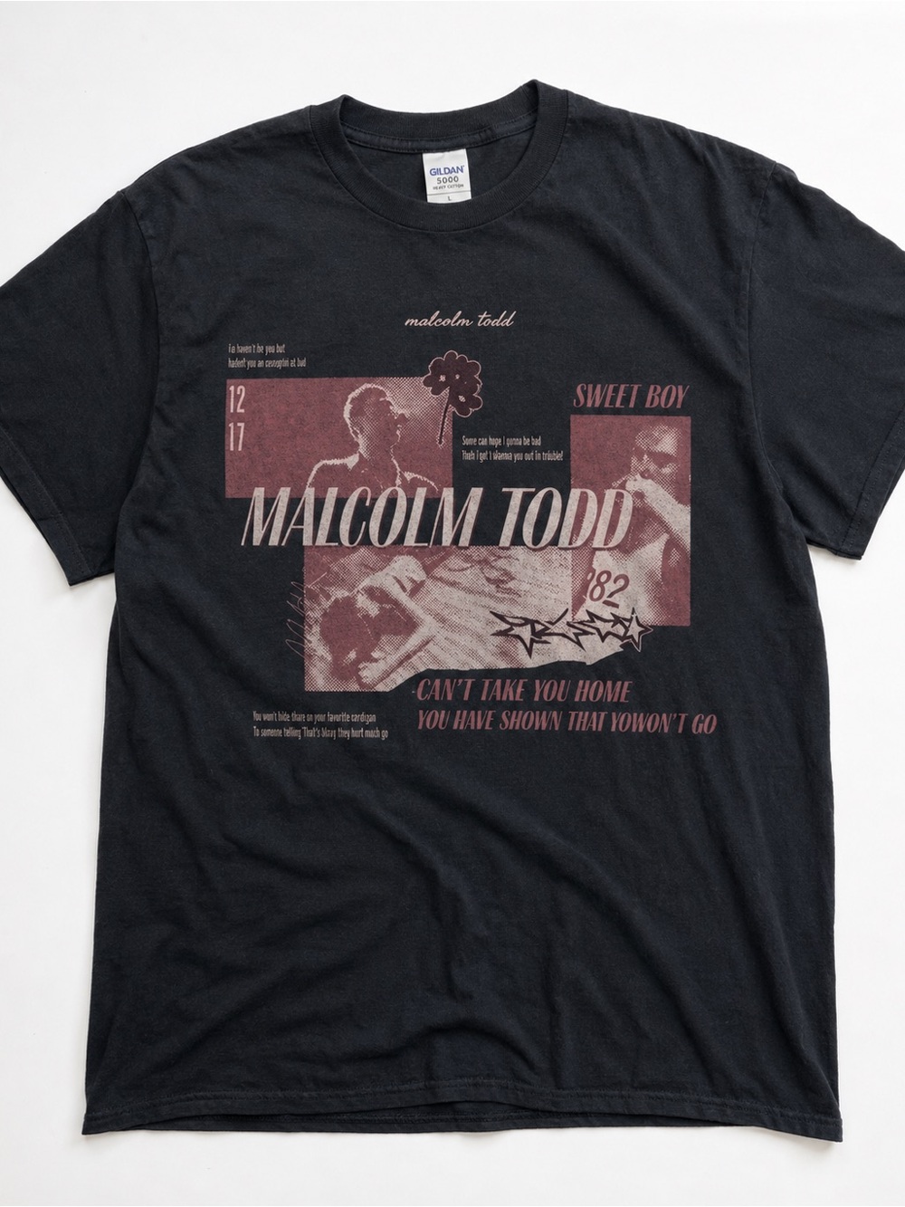 Gildan Black Malcolm Todd Graphic Tee with Muted Rose Print UNISEX SIZE L